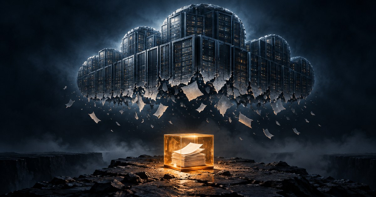 A cloud of server racks breaks into fragments above an intact stack of documents protected in a glowing amber cube