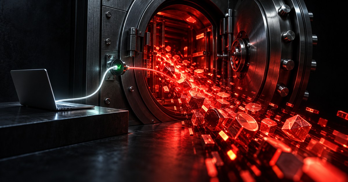 A laptop connects through a green authorized port to an open vault as glowing red digital assets stream out