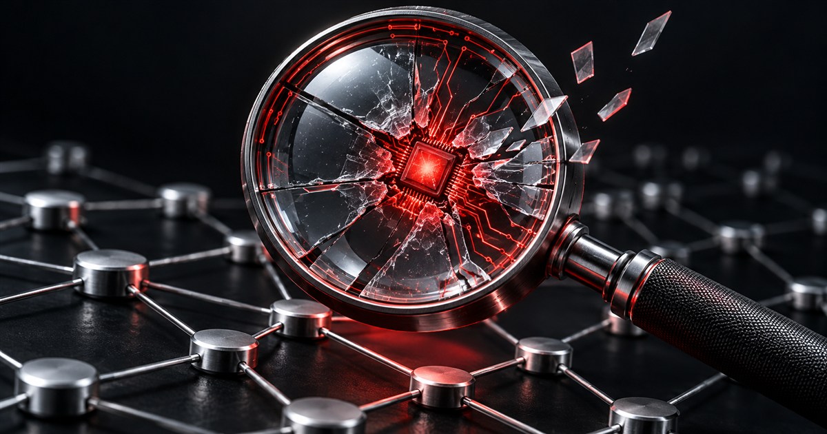 A fractured forensic magnifying glass with a glowing red processor inside its lens, above a network of linked data nodes