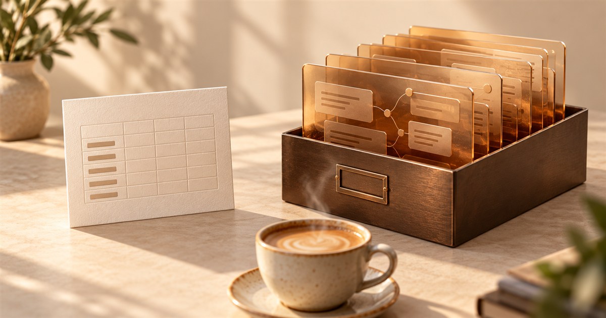 A single spreadsheet card beside amber snapshot panels in an archive box, with a latte on a cream desk